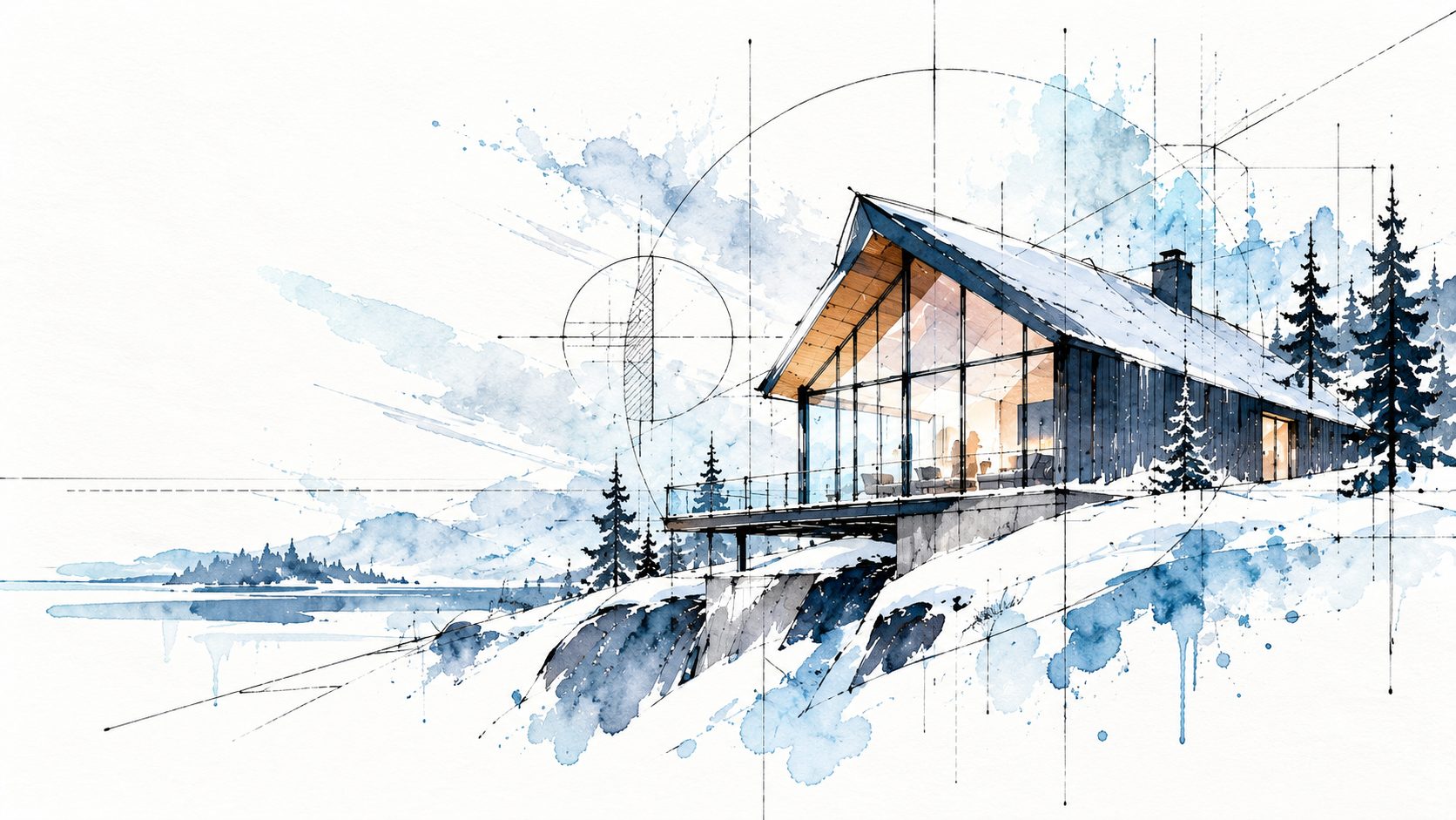 Watercolor and ink architectural drawing of a modern Alaska-inspired home with a glass gable, set on a snowy hillside above the water